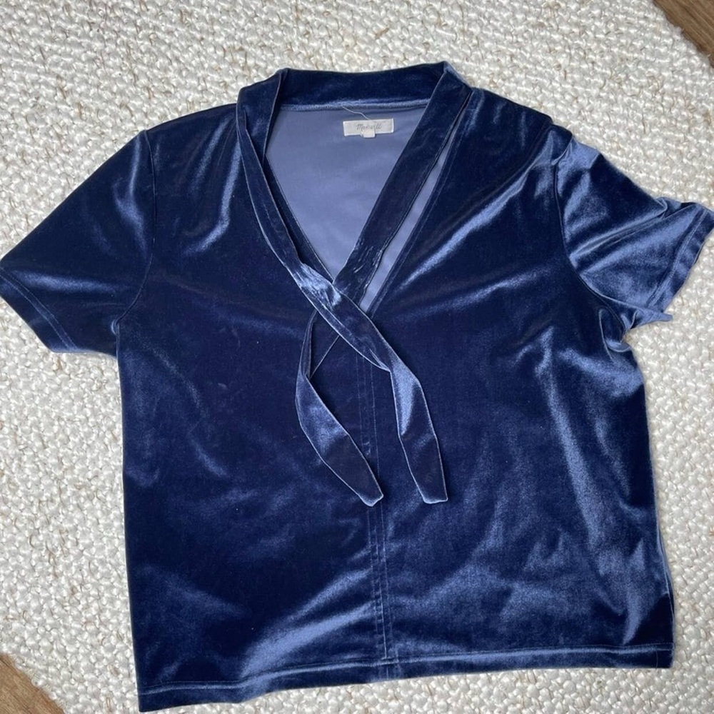 Madewell Women's Velvet Tie Neck Top Blue Nightfall Short Sleeve